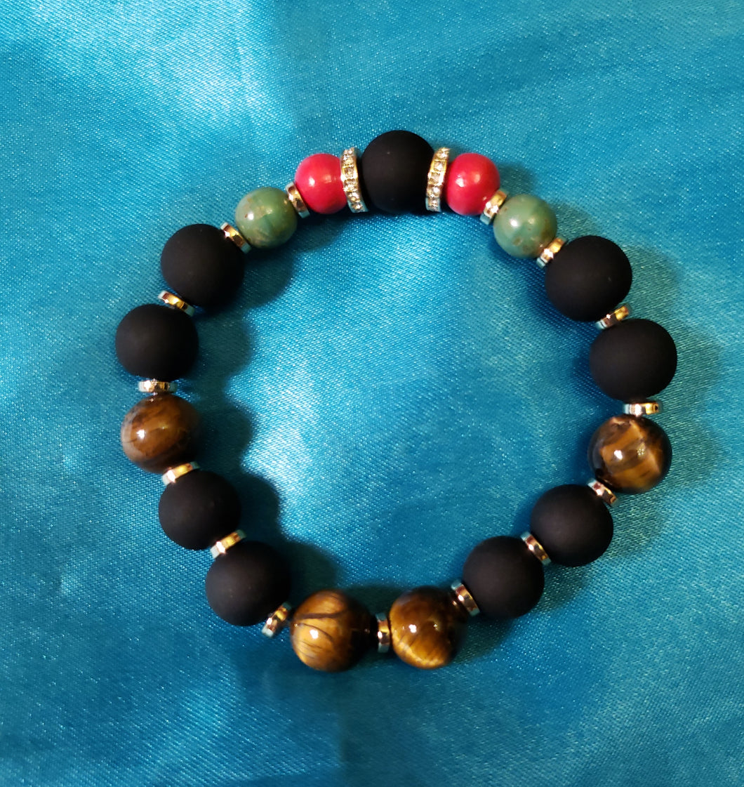 Red, black, green, and tiger's eye bracelet.