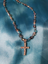 Load image into Gallery viewer, Blue glass bead necklace with crystal cross pendant.
